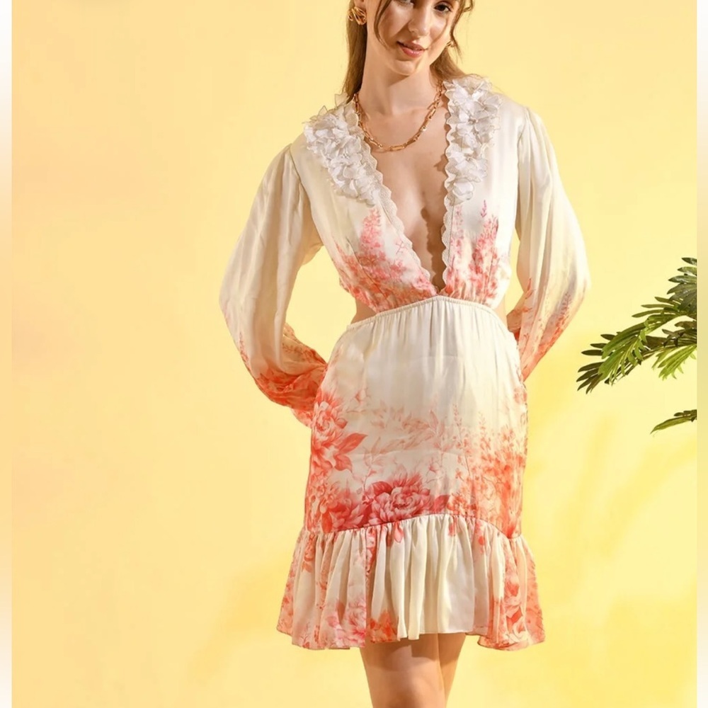 Anthro X Bhanuni By Jyoti Cherry Blossom Mini Dress Floral Ruffle Cutout Boho S